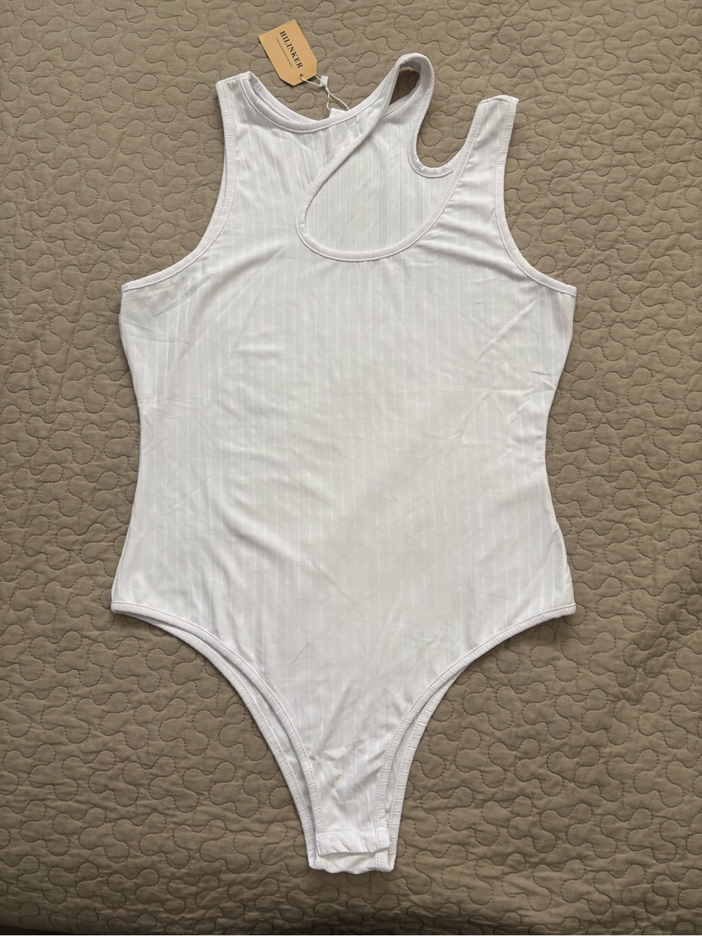Ribbed White Women's Asymmetric Cutout Bodysuit Tank - Size M